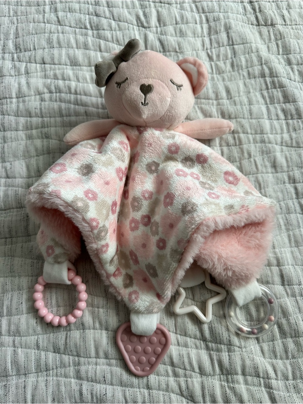 Plush Pink Floral Bear Lovey with Teether Toys